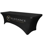 A black stretch table cover with an elegant logo in gold, designed for an eight-foot table.