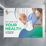 A small media wall featuring a smiling elderly man with a healthcare professional, in green and blue tones, with a logo.