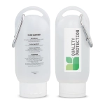 A clear, refillable gel hand sanitiser bottle with a carabiner clip, holding 55ml of product.
