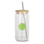 A glass tumbler with a bamboo lid and stainless steel straw, featuring a green logo design.