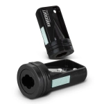 A black carpenter's pencil sharpener with a removable cap, featuring a sanding surface and a logo.