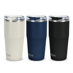 A drink bottle set featuring three CamelBak Thrive vacuum tumblers in white, navy, and black. Each has a lid and a logo.