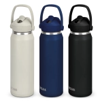 A drink bottle set featuring three colours: cream, navy blue, and black, with a flip straw and handle.