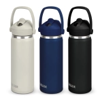 A drink bottle trio featuring a cream, navy, and black finish, each with a flip straw and a handle.