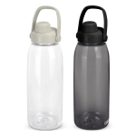 A drink bottle set featuring a clear bottle with a grey lid and a smoky black bottle with a black lid. Both have a handle.