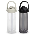 A drink bottle set featuring a clear bottle with a light grey lid and a dark grey bottle with a black lid, both with straws.