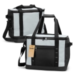 A cooler bag in light blue and black, featuring a shoulder strap, handles, and zippered compartments.