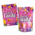 A medium foil stand-up pouch in pink with colourful candy graphics and a logo. Includes a flat pouch design.
