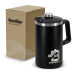 A coffee press in matte black with a silver lid, accompanied by a cardboard box featuring a logo.