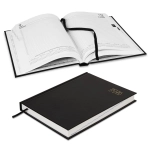 A black Collins A5 Daily Diary for 2026, opened to show lined pages and a black ribbon bookmark.