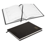 A black A5 weekly diary for 2026 with an open layout and ribbon bookmark. It has a logo on the cover.