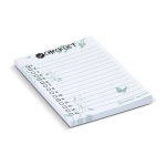A recycled sticky pad in white with green floral designs, featuring 50 sheets and a checklist format.