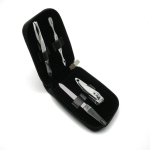 A manicure set featuring chrome tools, including nail clippers, a nail file, and tweezers, in a black zippered case.
