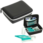A black first aid kit with a zippered case, containing various medical supplies and a plastic tweezers.