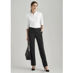 Women's black stretch pants with adjustable waist, paired with a white shirt and black handbag for a polished look.