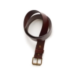 A brown leather belt with a brass buckle, featuring a simple design and a smooth finish.