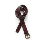 A braided leather belt in shades of brown, featuring a metal buckle and a woven design.