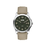 A casual unisex watch featuring a green dial and a light brown rPET strap, with a silver-tone case and logo.