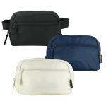A collection of three recycled sport bum bags in black, navy, and white, each featuring a front zipper pocket and branding.