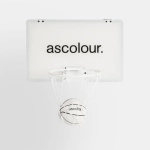A mini basketball hoop with a white backboard and ball featuring a logo. The netting hangs down beneath the hoop.