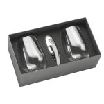 A wine glass set featuring two clear glasses and a silver corkscrew, presented in a sleek black box.