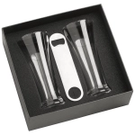 A set of two clear Pilsner beer glasses and a silver bottle opener, packaged in a black box.