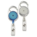 Two retractable badge holders in blue and clear, featuring a metal clip and a circular design. One has a logo.