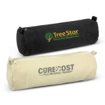 A cylindrical pencil case in black and cream, featuring two logos and zip closures.