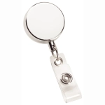 A silver metal zip pull badge holder with a clear attachment for securing badges.