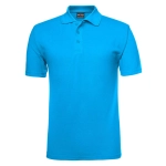 A bright blue polo shirt featuring a collar and three buttons, with a logo on the chest.