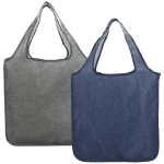 A grey and navy large shopper tote made from recycled materials, featuring a logo on one side.