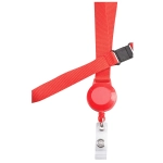 A red retractable badge holder with a strap and a clear attachment clip for securing badges or IDs.