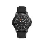 A black sports watch featuring a rPET strap, with a black dial and silver accents, including a logo on the strap.