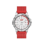A sports watch with a white dial, silver case, and red nylon strap, featuring a logo on the face.