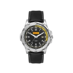 Sports watch with a black leather strap, stainless steel case, and a black dial featuring yellow accents and a date display.
