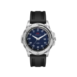 A sports watch with a navy blue dial and silver-tone case, featuring a black silicone strap and a logo.