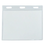 A clear plastic name badge holder featuring three slots at the top. It is designed for displaying identification.