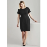 A black short sleeve shift dress with a fitted silhouette and a simple design, featuring a round neckline.