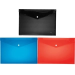 A set of three plastic folders in black, blue, and red, each with a button closure, featuring a logo.