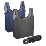 A set of three reusable grocery bags in navy blue and grey, including a compact carrying pouch.