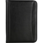 A black portfolio with a smooth leather-like finish and a branded logo on the front.