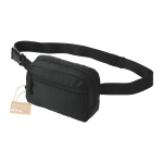 A black recycled sport fanny pack with a front zipper pocket and adjustable strap. It features a logo.