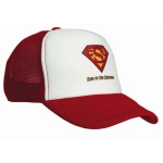 A red and white trucker mesh cap featuring a logo on the front and a curved brim.