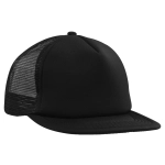 A black flat peak trucker mesh cap with a solid front and mesh back, featuring a logo.