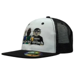 A premium twill cap featuring a white front, black mesh back, and a snapback closure, with an embroidered design.