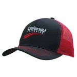 A black cap with a red mesh back, featuring a logo on the front.