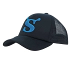 A black kids' trucker cap featuring a blue logo and a mesh back for breathability.
