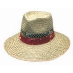 A natural straw hat featuring a green under brim and a red band, available in sizes S, M, L, and XL.