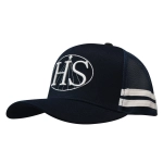 A navy trucker cap featuring a mesh back with white striped detailing and a logo on the front.