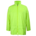 A bright green rain jacket featuring a zip front and a collar, with a logo on one side.